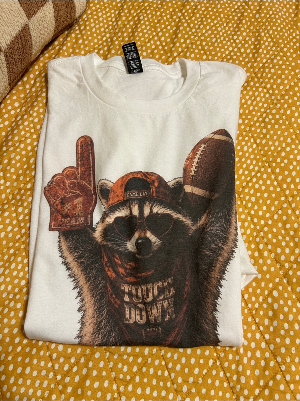 White 'Touchdown' Raccoon Graphic T-Shirt